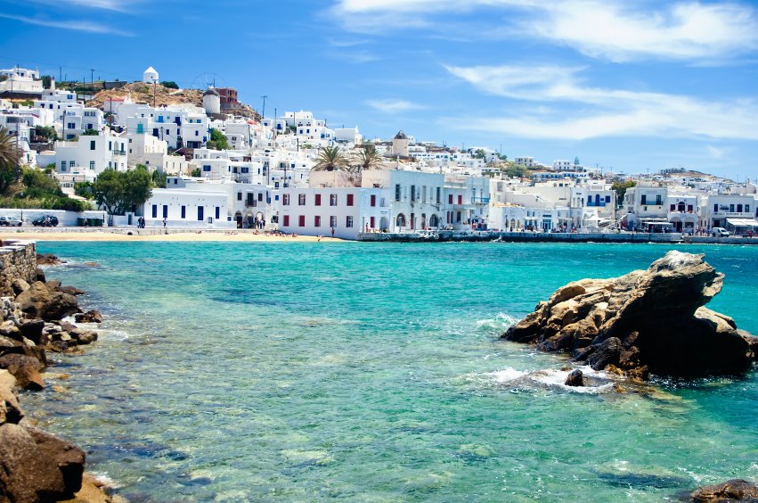 Mykonos beaches and white buildings