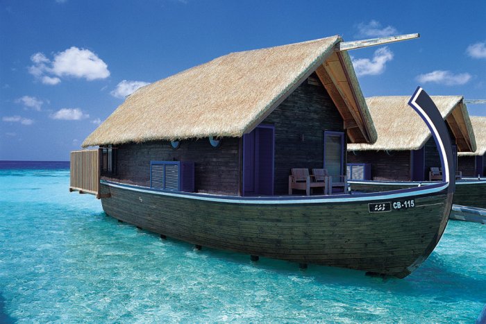 Resort huts in boat shape on Cocoa Island