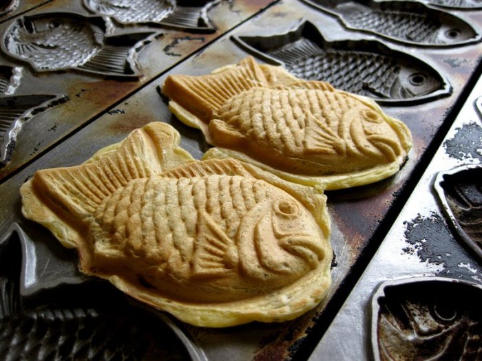 Taiyaki is a traditional hollow fish shaped Japanese cakes filled with red bean paste