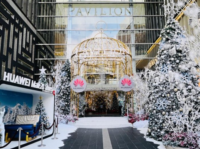 Enjoy shopping at the Pavillon Mall and watching the snowy decor