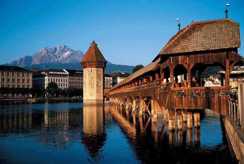 The wooden Chapel Bridge is one of the most important tourist attractions in Lucerne, close to the historical Lucerne Museum in Switzerland