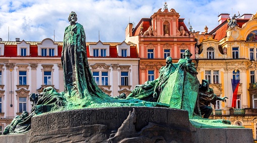A statue of Jean Hoss in the Old Town Square in Prague
