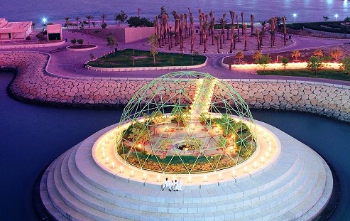 The pool complex on the green island in Kuwait