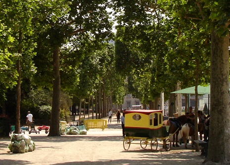 Horse carriages on Place de Chillon-de-Mars in Paris, France