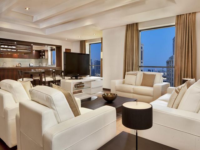 A seating area is available at the Hilton Dubai The Walk apartments