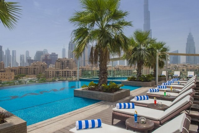 The outdoor pool at Damac Maison Hotel, Dubai