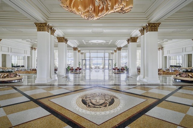 The lobby at Palazzo Versace Dubai is characterized by its contemporary design