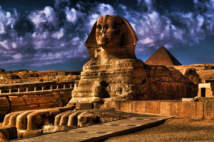 The Sphinx is one of the largest statues in the world and is found in Giza, in the Arab Republic of Egypt